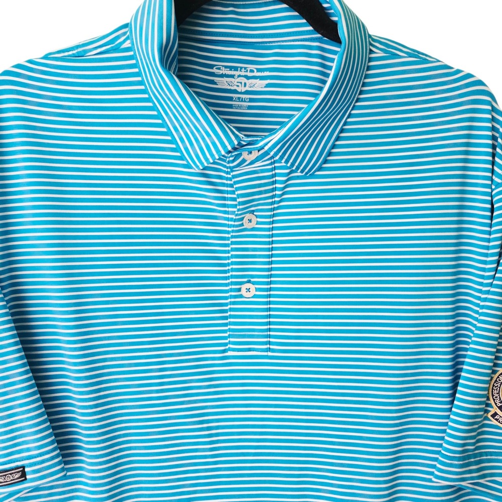 Straight Down Mens XL Turquoise White Striped PGA‎ Professional Golf Polo Shirt